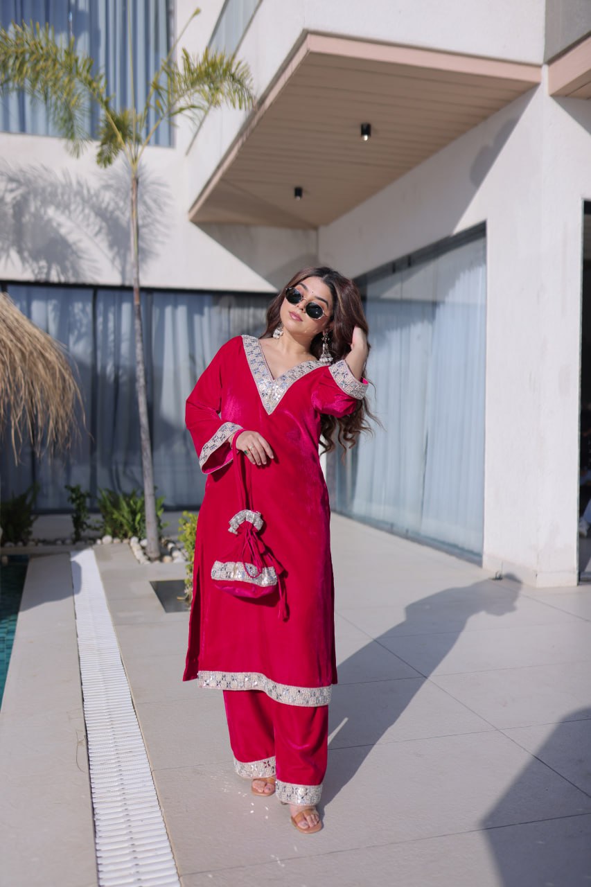 Premium Velvet Zari Mirror Work Top Pant Set with Potli Bag(Batwa)