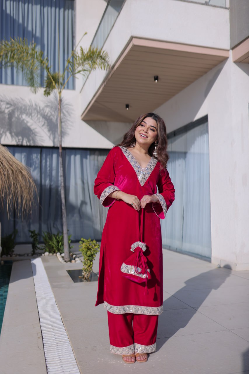 Premium Velvet Zari Mirror Work Top Pant Set with Potli Bag(Batwa)