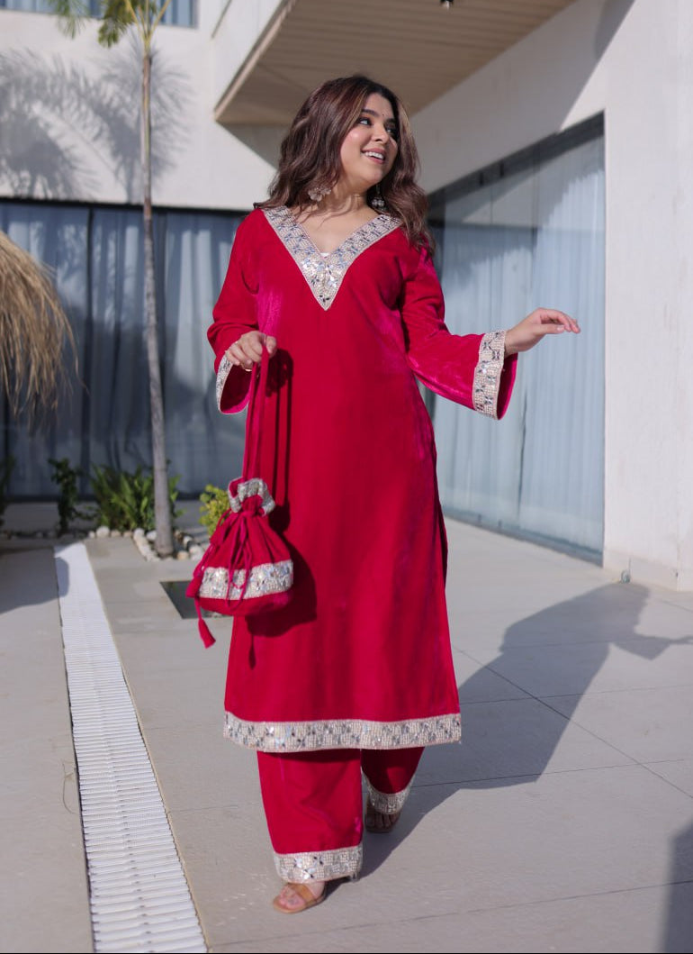 Premium Velvet Zari Mirror Work Top Pant Set with Potli Bag(Batwa)