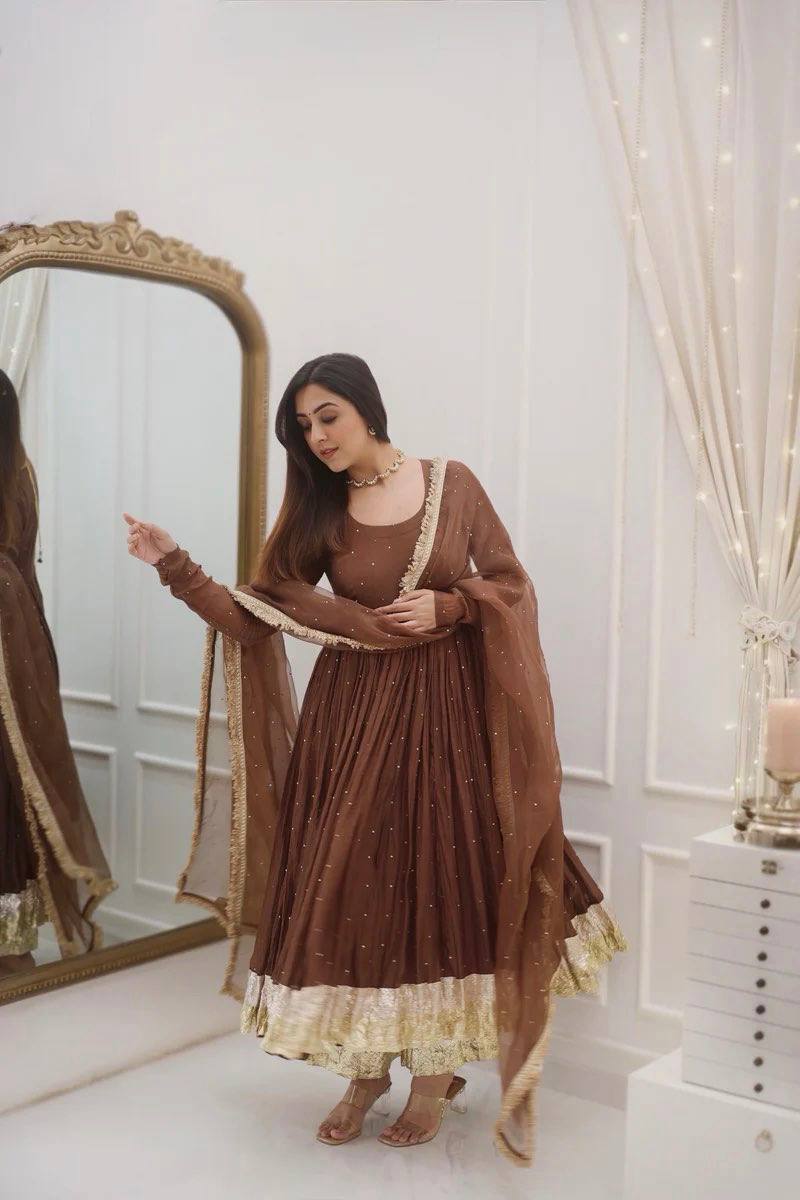 Brown Color Heavy Faux Georgette with delicate Moti Work & Full Sleeves Anarkali Set