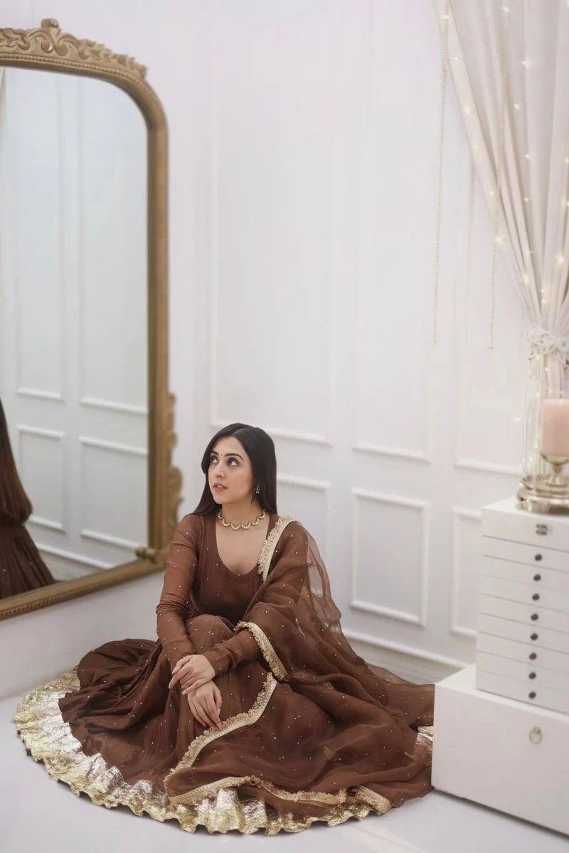 Brown Color Heavy Faux Georgette with delicate Moti Work & Full Sleeves Anarkali Set