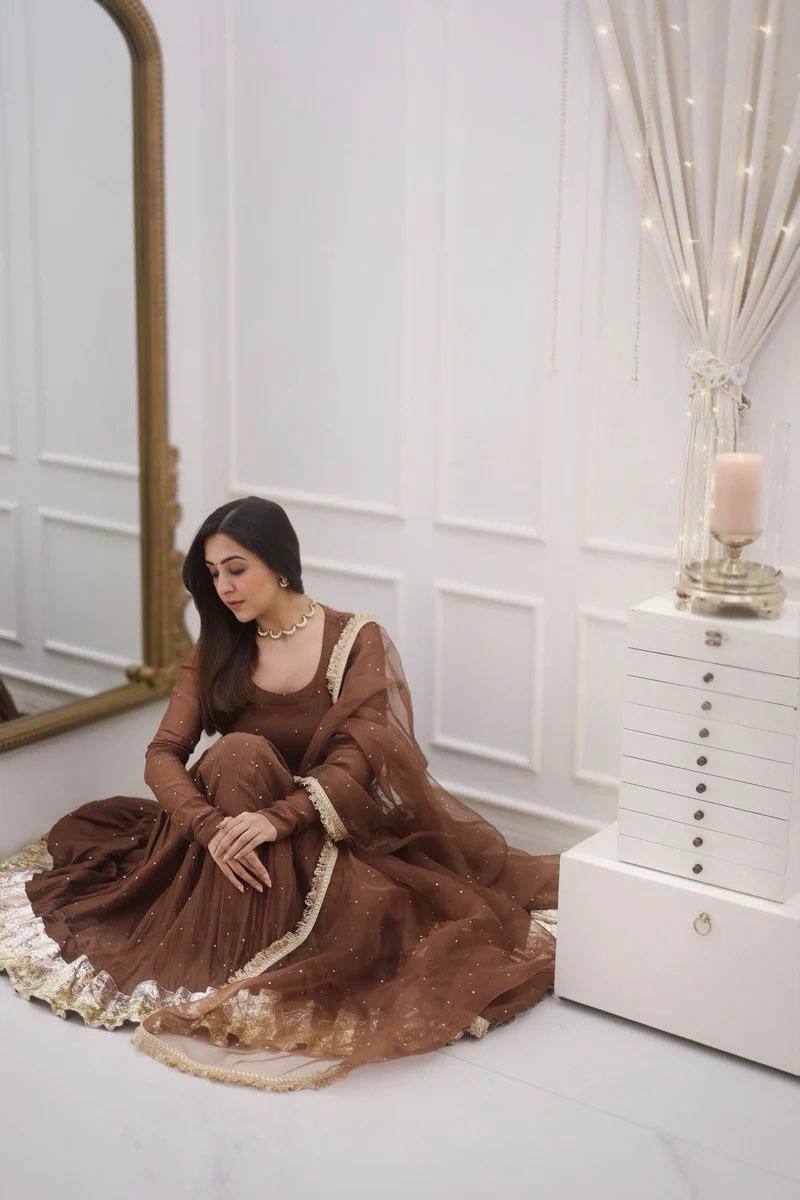Brown Color Heavy Faux Georgette with delicate Moti Work & Full Sleeves Anarkali Set