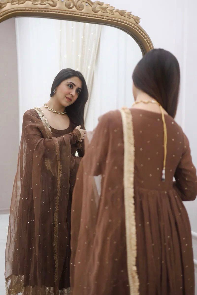 Brown Color Heavy Faux Georgette with delicate Moti Work & Full Sleeves Anarkali Set