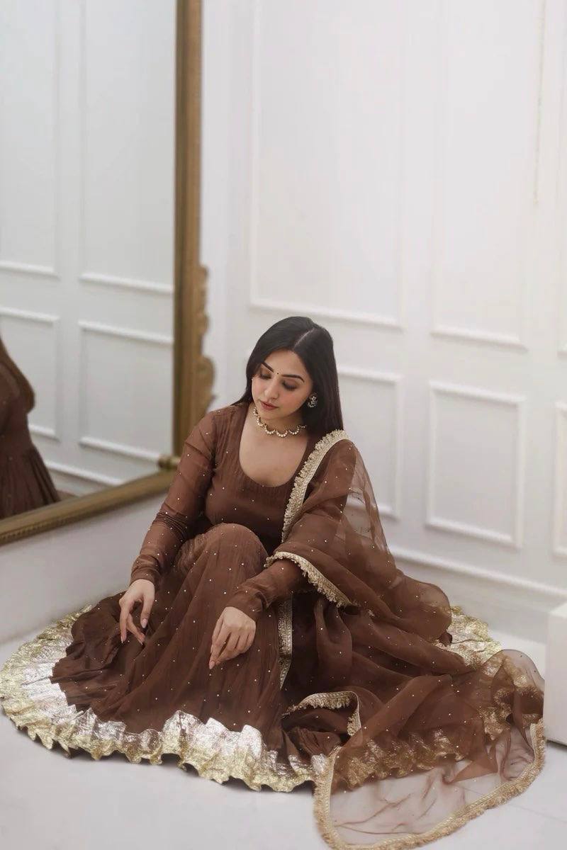 Brown Color Heavy Faux Georgette with delicate Moti Work & Full Sleeves Anarkali Set