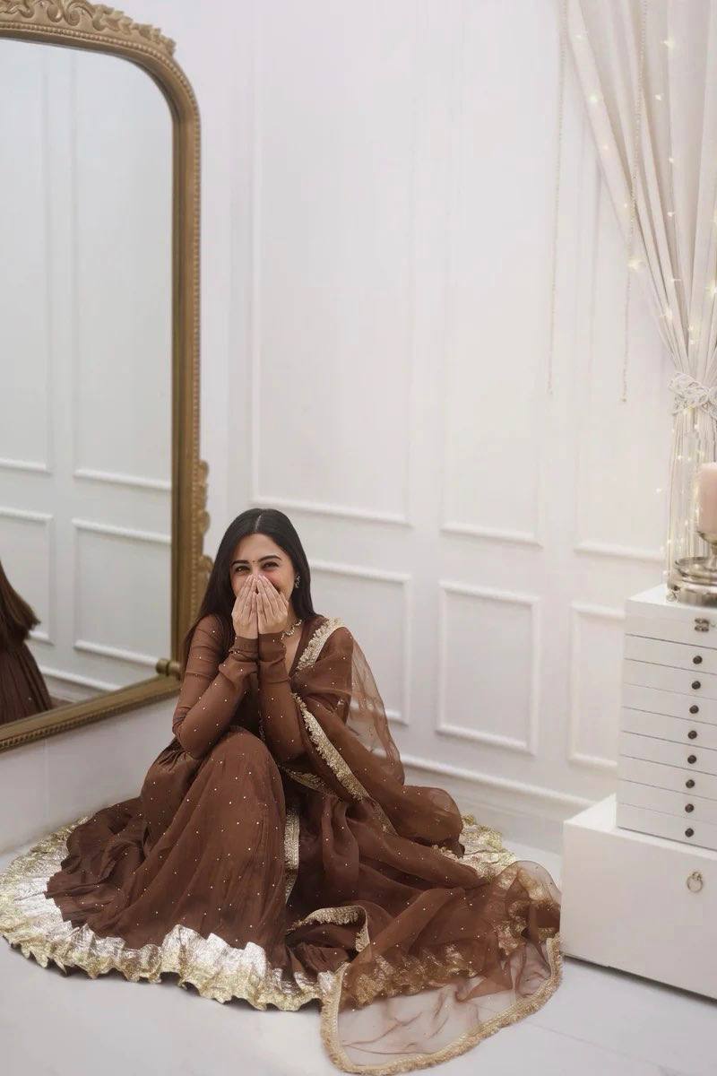 Brown Color Heavy Faux Georgette with delicate Moti Work & Full Sleeves Anarkali Set