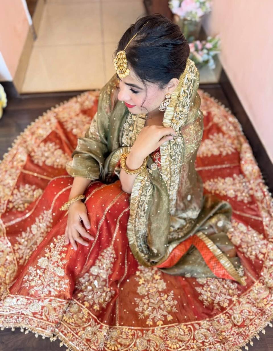 Bridal Orange Embroidered Anarkali Lehenga Set with Designer Dupatta