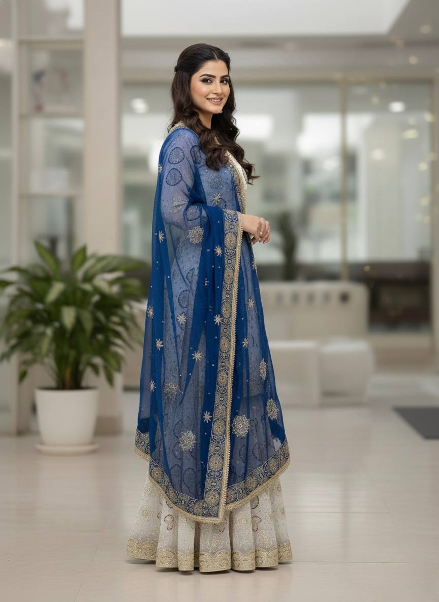 Royal Embroidered Kurta Sharara Set with Contrast Dupatta