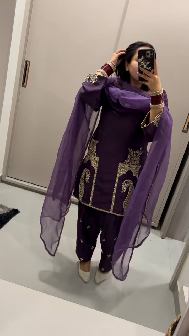 New Pure Natural Crep Satin Top&Farshi&Dupatta Set Fully Stitched Ready To Wear