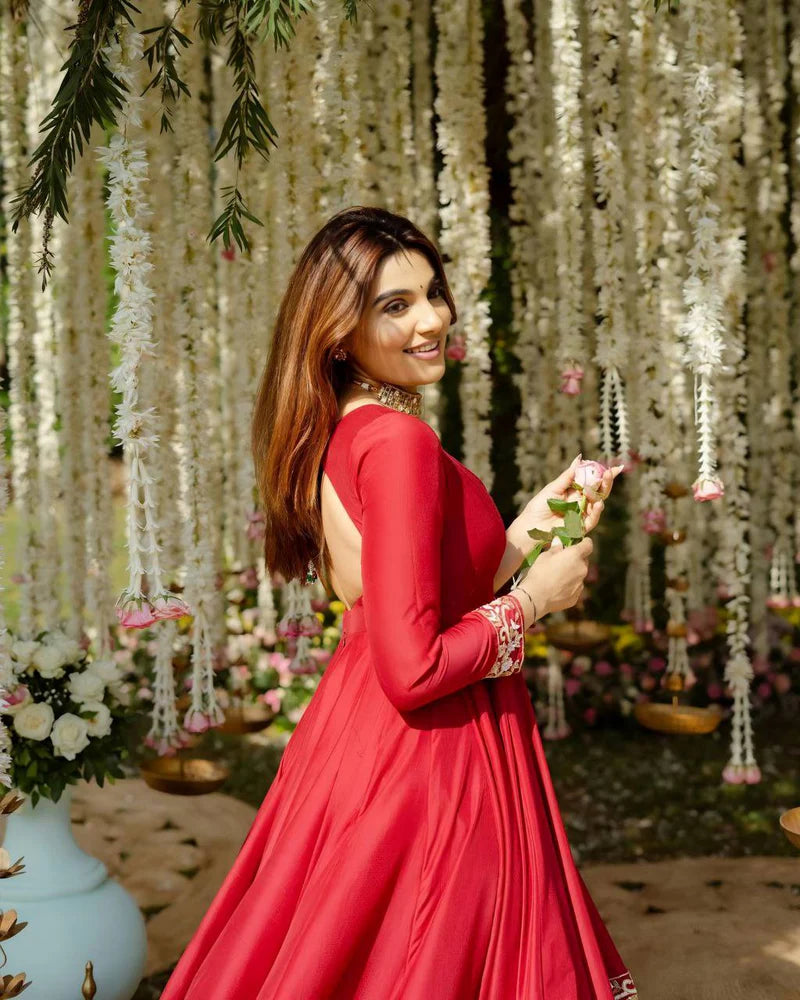 Red Designer Partywear Roman Silk with Heavy Multi Embroidered Sequins And Thread Work Anarkali Kurta Set