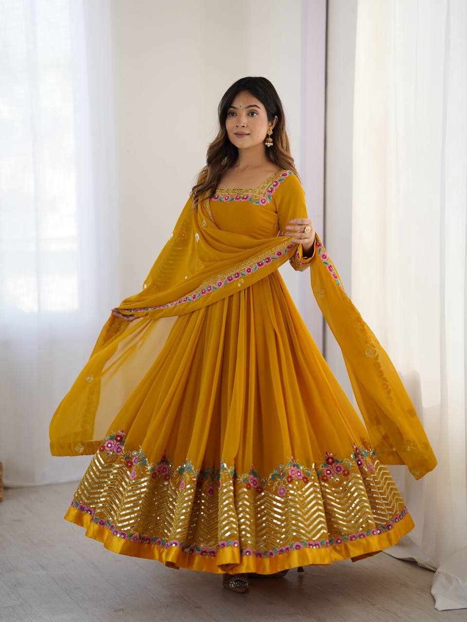 New Designer Mustard Color Premium Heavy Georgette Anarkali Gown With Bottom And Dupatta Set