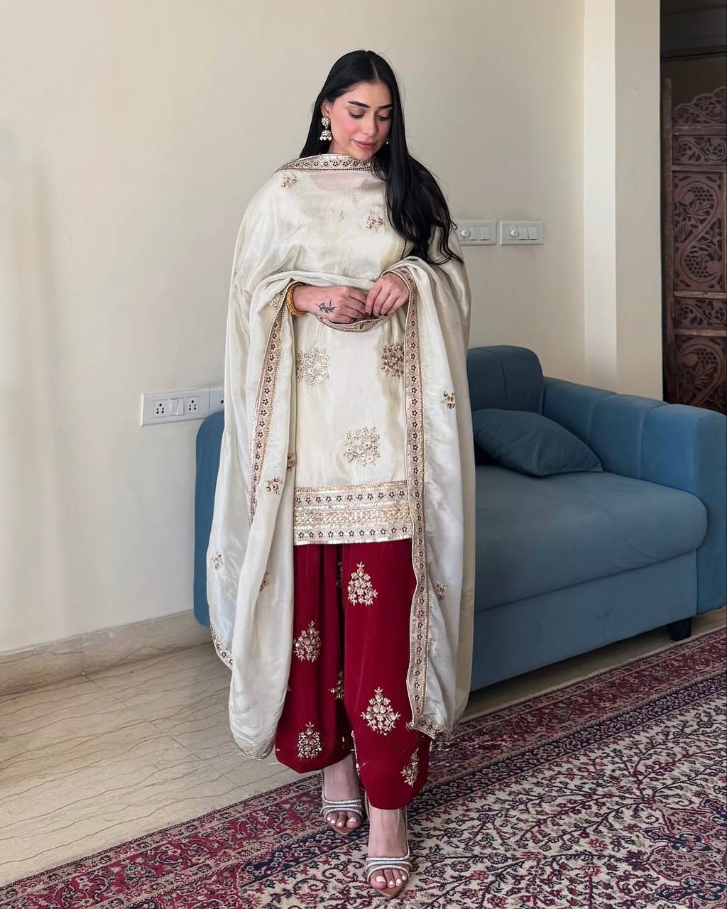 Luxury Chinnon Silk Embroidered Suit – Ready to Wear Festive Set