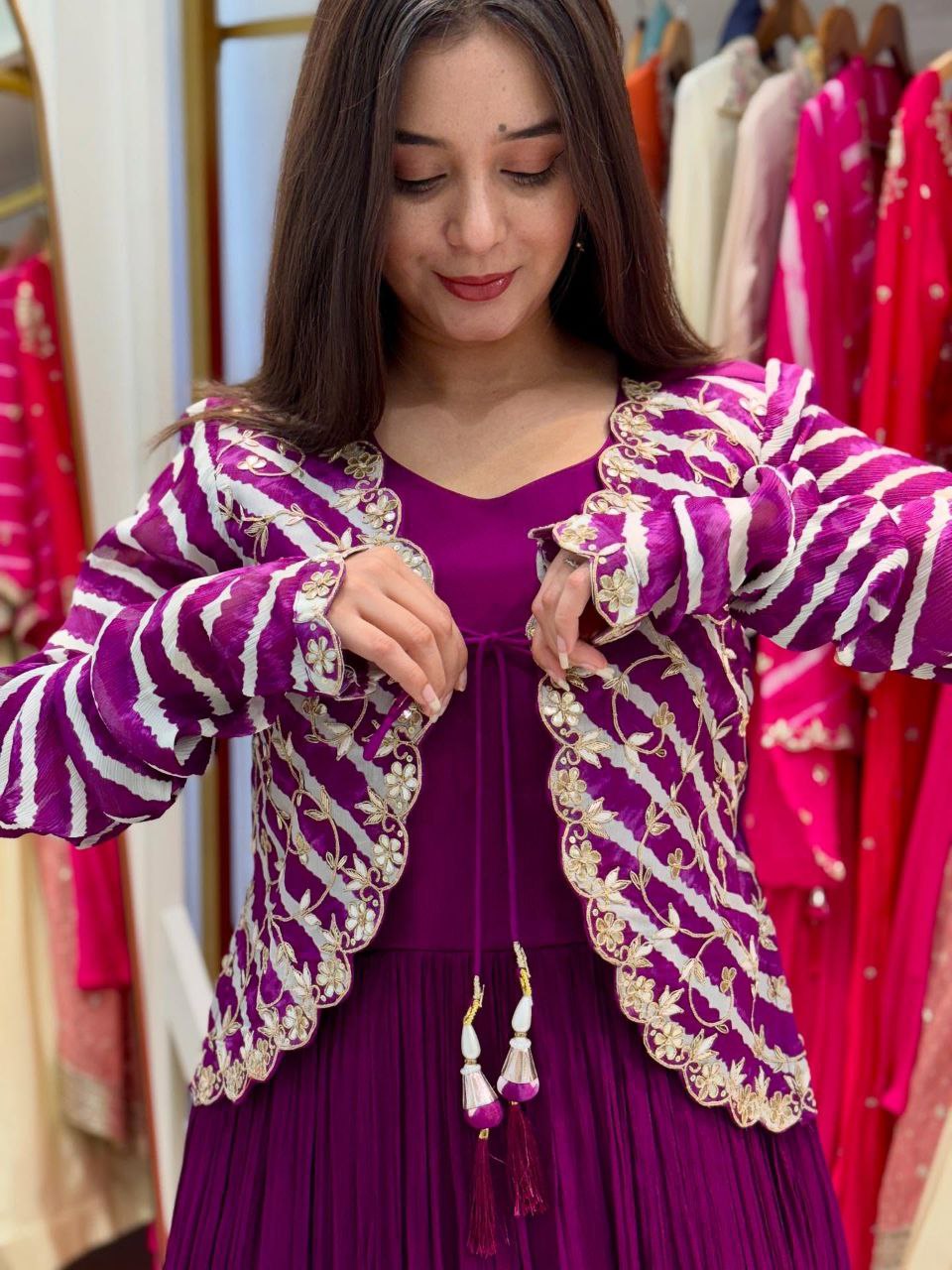 New Elegant Fox Georgette Gown with Embroidered Vichitra Silk Jacket