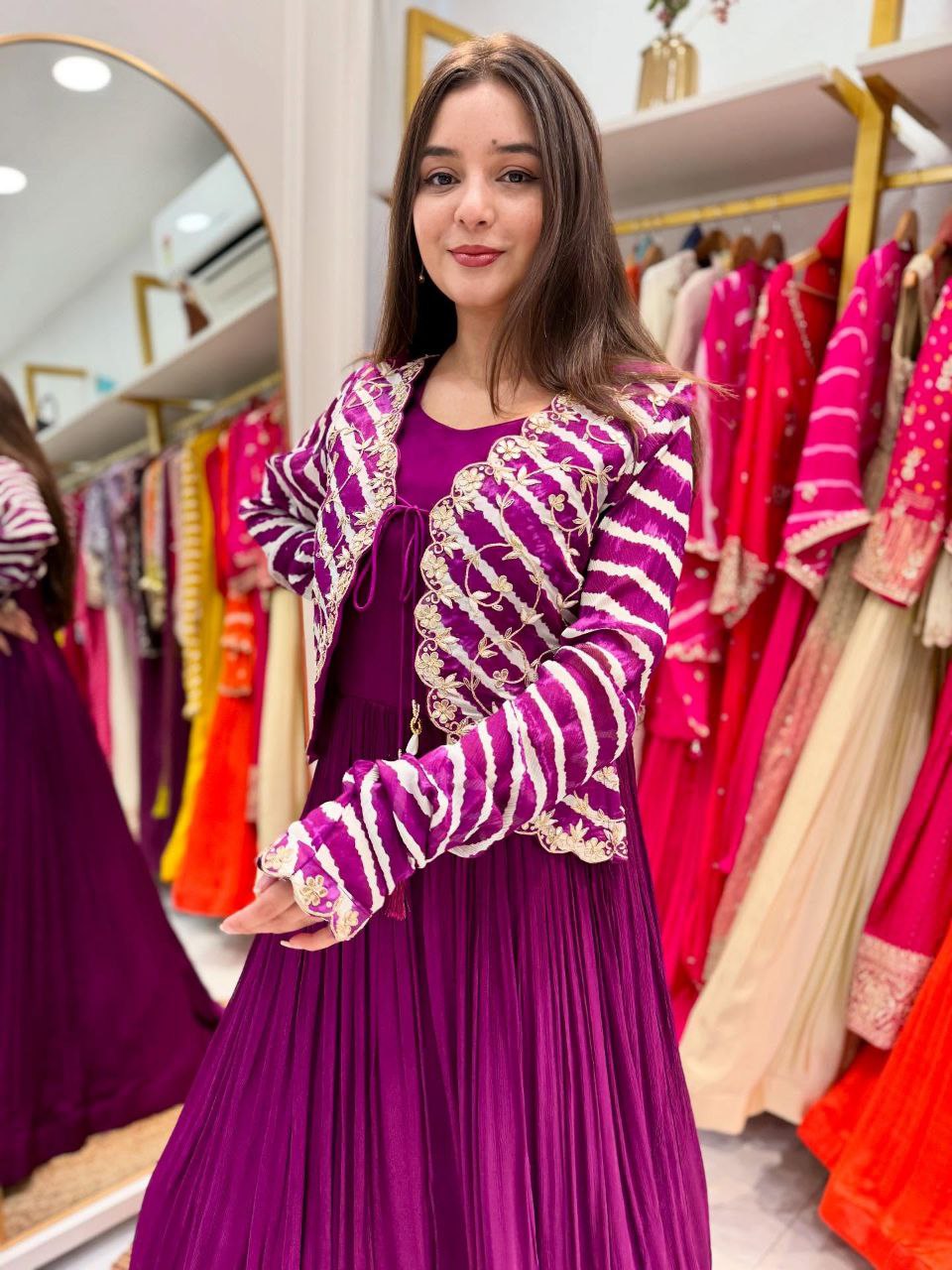 New Elegant Fox Georgette Gown with Embroidered Vichitra Silk Jacket