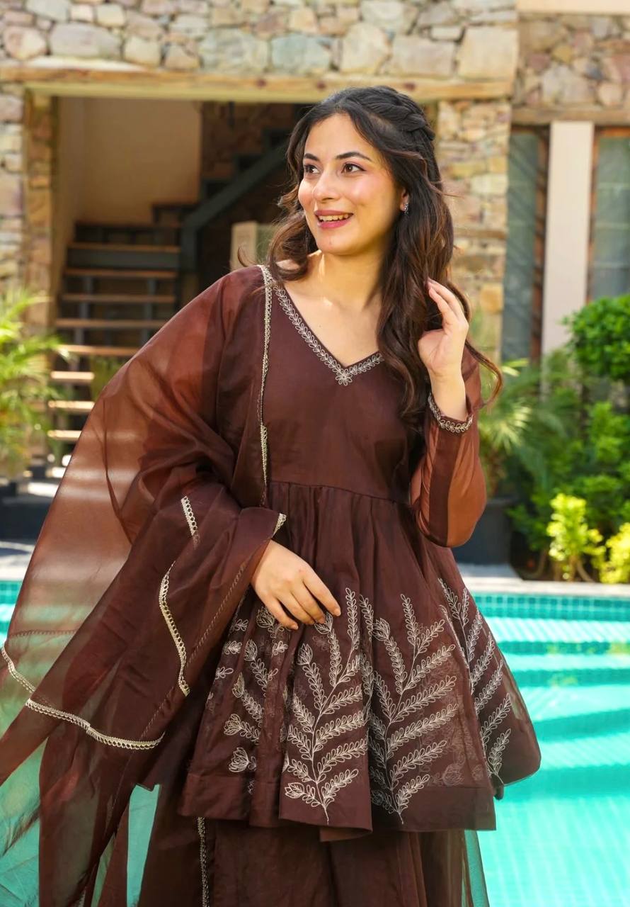 Heavy Star Georgette Coding Embroidery Work Fully Stitched Ready-to-Wear Top, Bottom & Dupatta