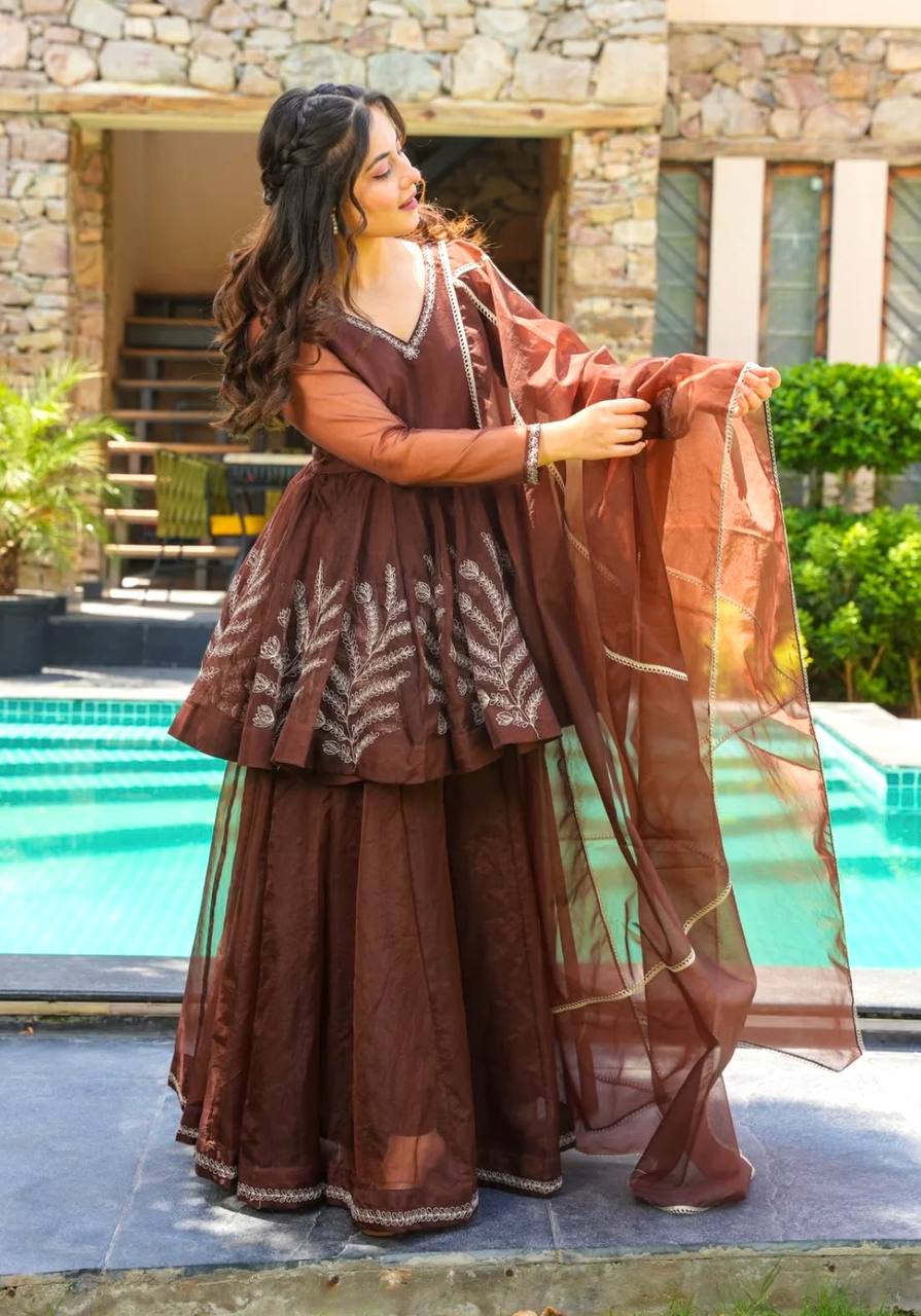 Heavy Star Georgette Coding Embroidery Work Fully Stitched Ready-to-Wear Top, Bottom & Dupatta