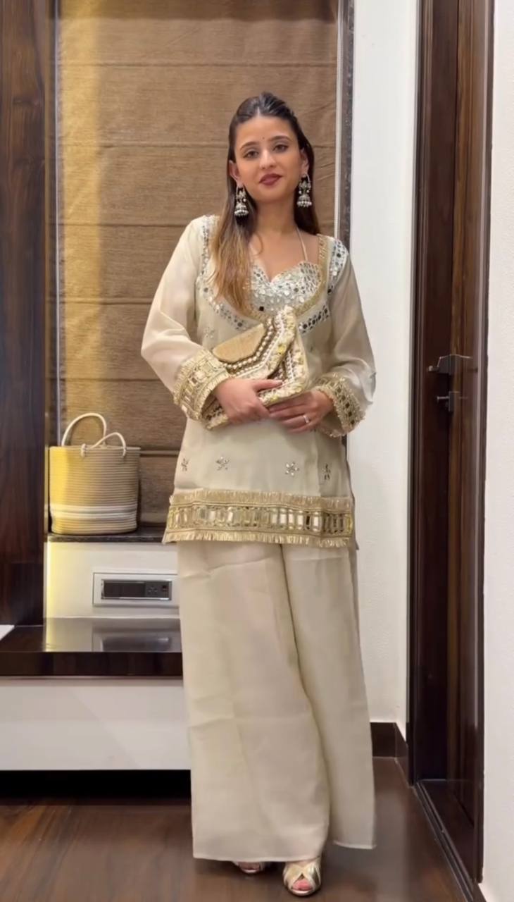 Fendy Silk Mirror Work Top Sharara Palazzo Set with Dupatta