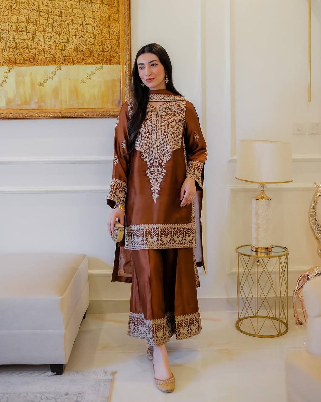 New Partywear Natural Crepe Embroidery Kurta With Designer Plazzo Set