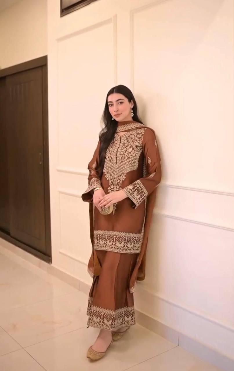 New Partywear Natural Crepe Embroidery Kurta With Designer Plazzo Set