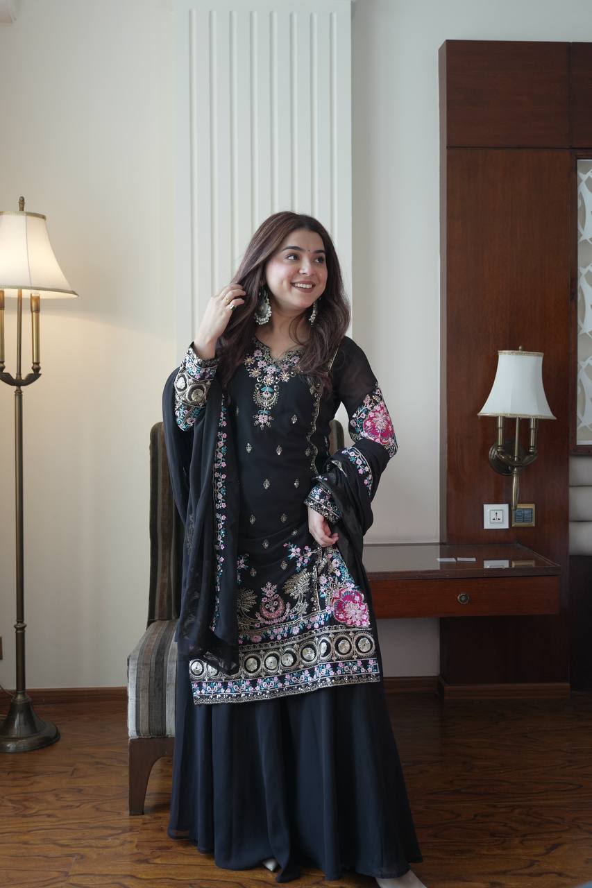 Premium Fox Georgette Sequin Embroidery Kurti–Palazzo Set