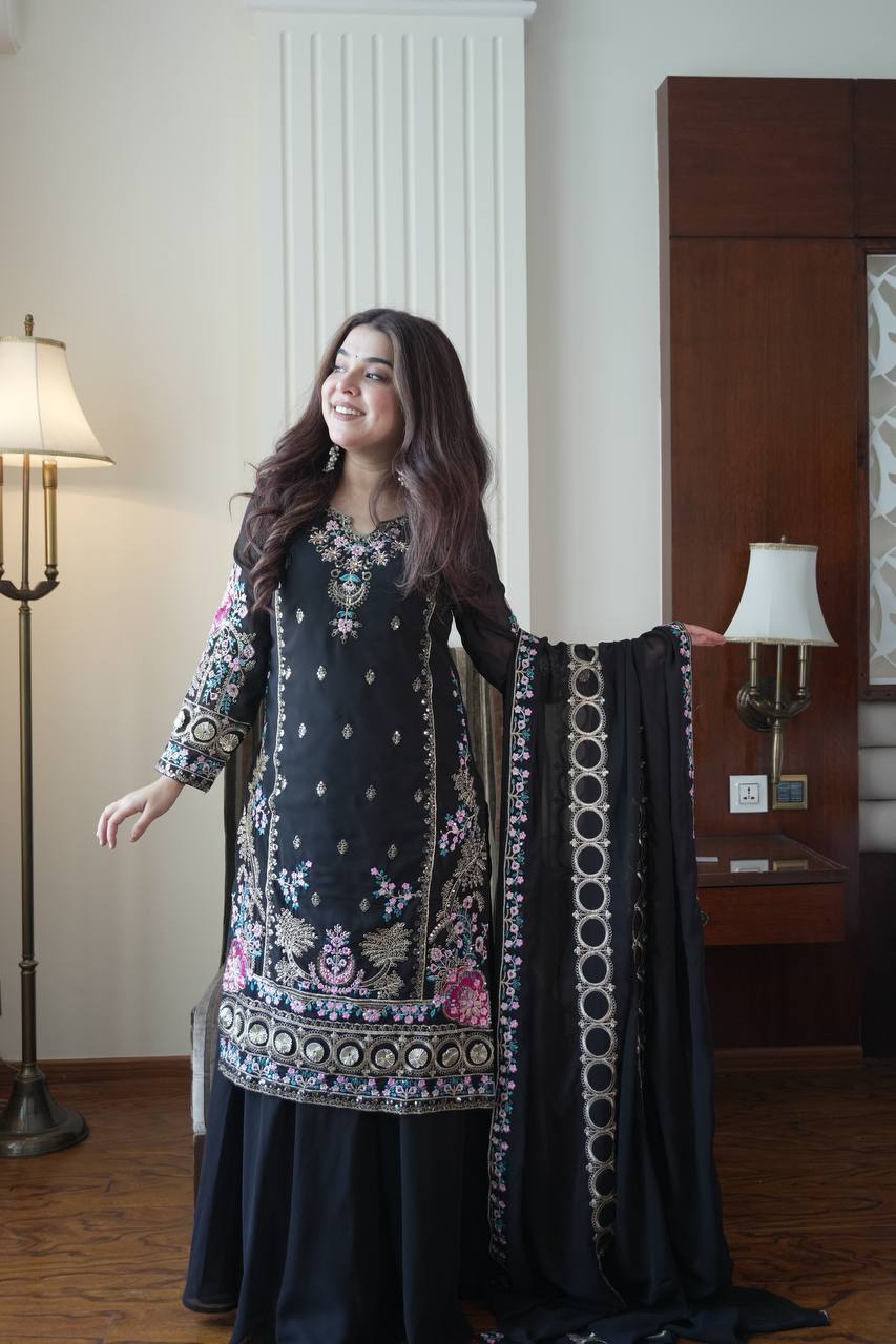 Premium Fox Georgette Sequin Embroidery Kurti–Palazzo Set