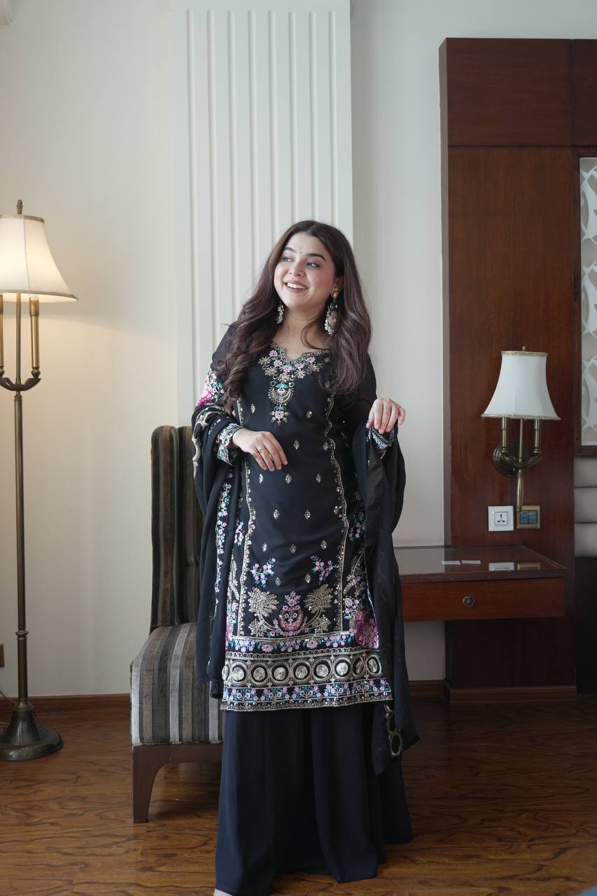 Premium Fox Georgette Sequin Embroidery Kurti–Palazzo Set