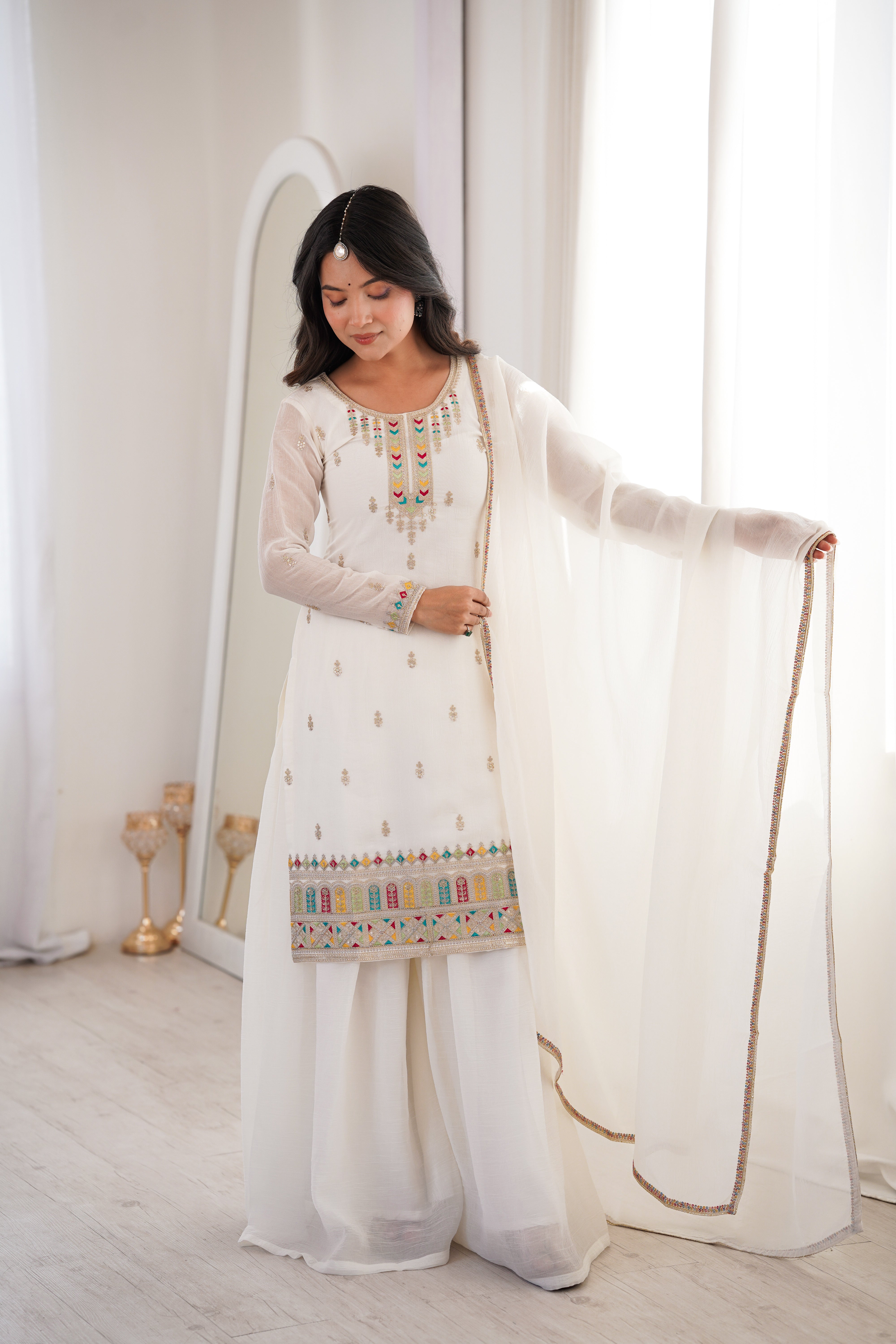 White Clour  Heavy Soft Crunchy Silk Kurta Sharara Set