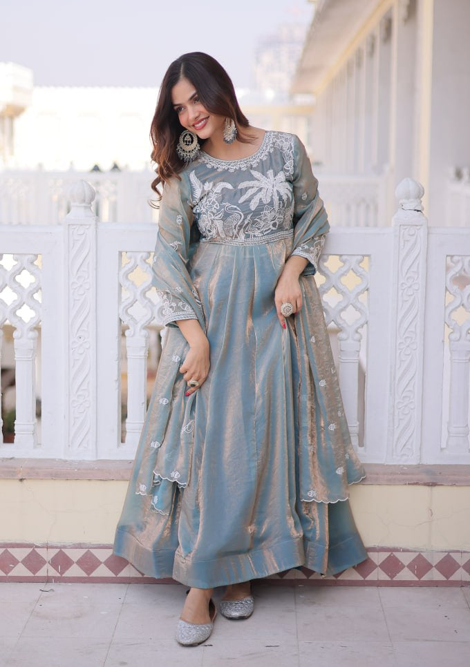 Festive Special Fendi Satin Ready-Made Gown with Dupatta