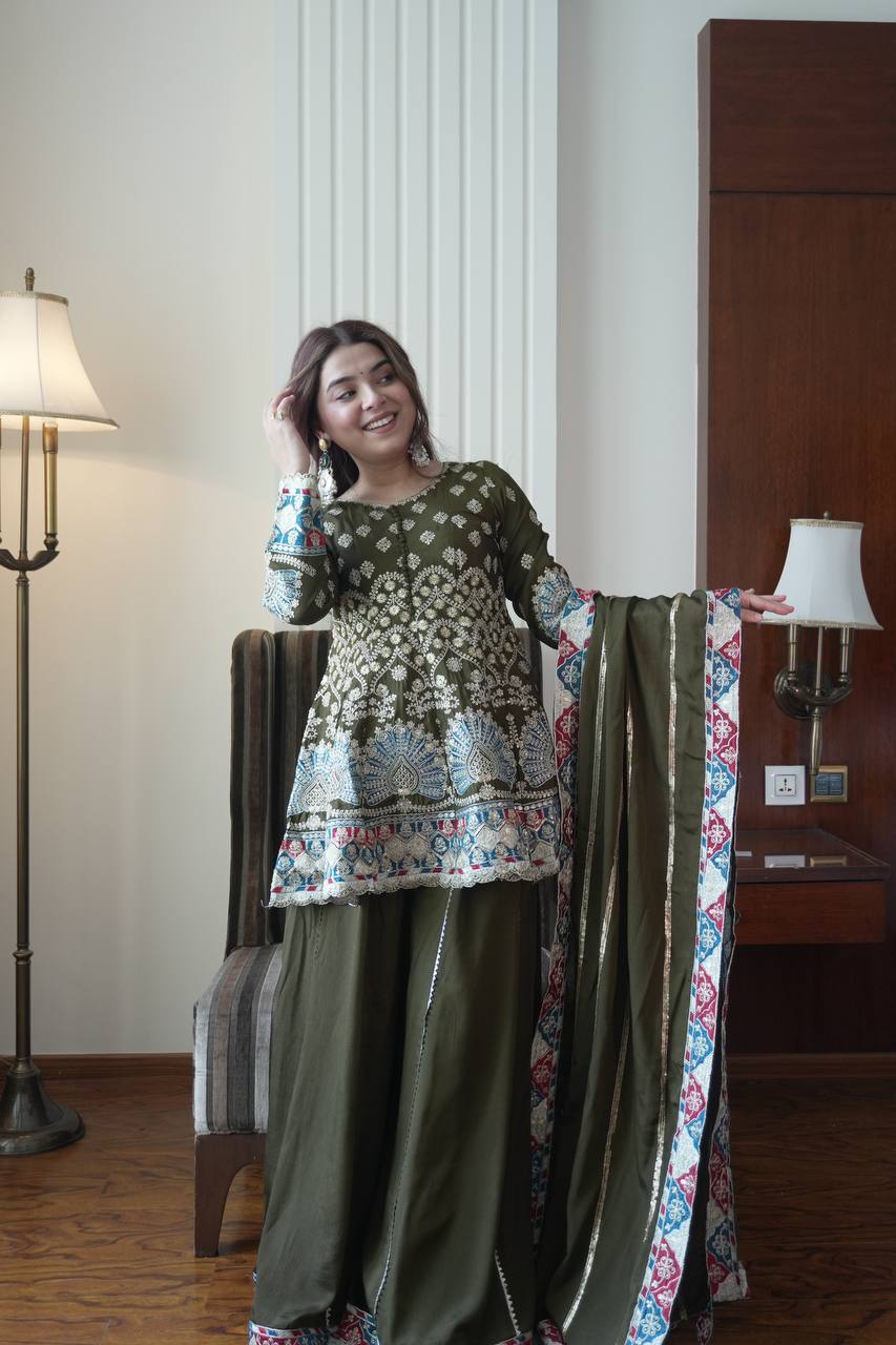 Mendi Colur Chinon Sequence Embroidered Kali Plazzo Set