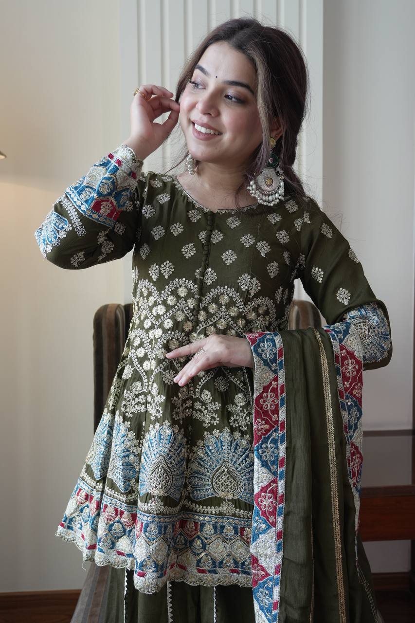 Mendi Colur Chinon Sequence Embroidered Kali Plazzo Set