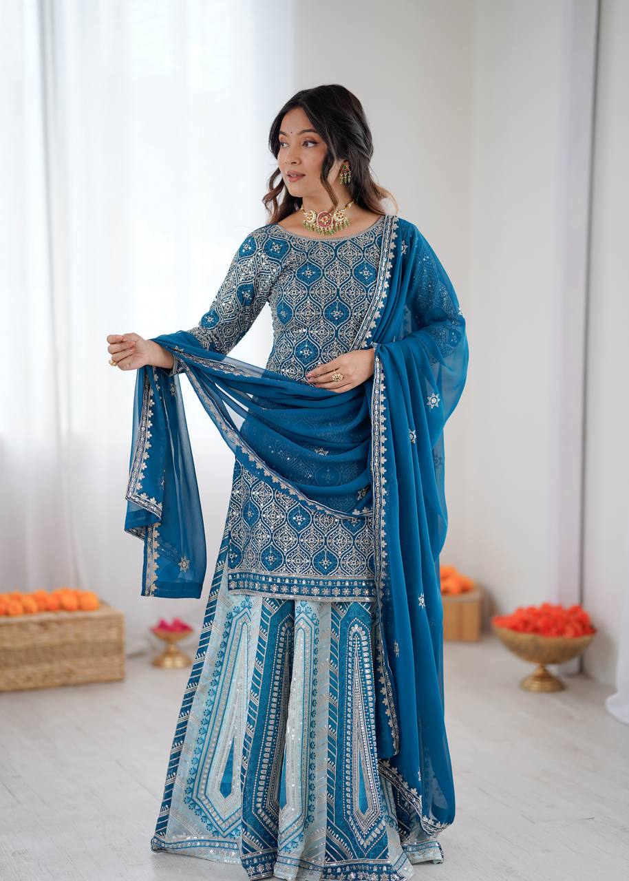 Sky Blue Grand Flair Faux Georgette Lehenga Set