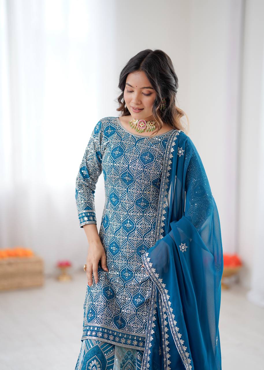 Sky Blue Grand Flair Faux Georgette Lehenga Set