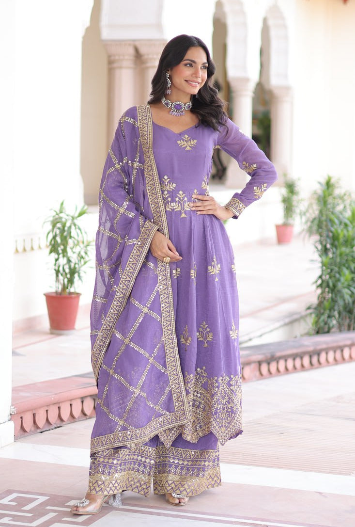 Silver Crunchy Sequins Embroidered Gown Pant Dupatta Set for Women