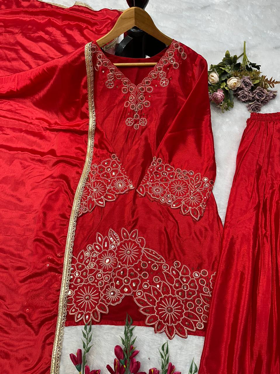 Green Chinnon Silk Designer Embroidery Kurta Set