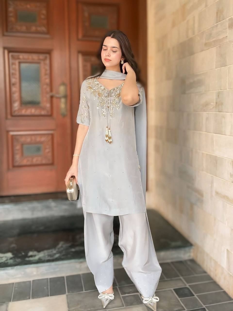 New Designer Pure Natural Crepe Palazzo Set with Embroidery & Readymade Lace Dupatta