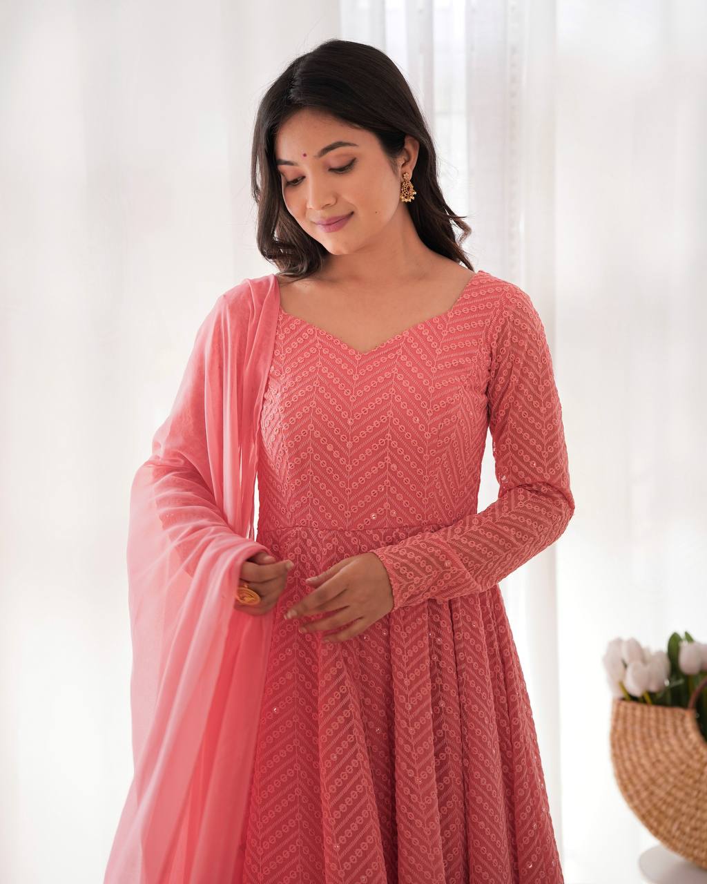 Pink Colour Soft Fox Georgette Lucknowi Work Anarkali Set