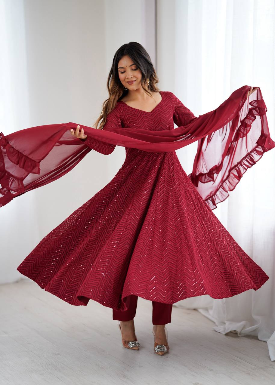Maroon Colour Soft Fox Georgette Lucknowi Work Anarkali Set