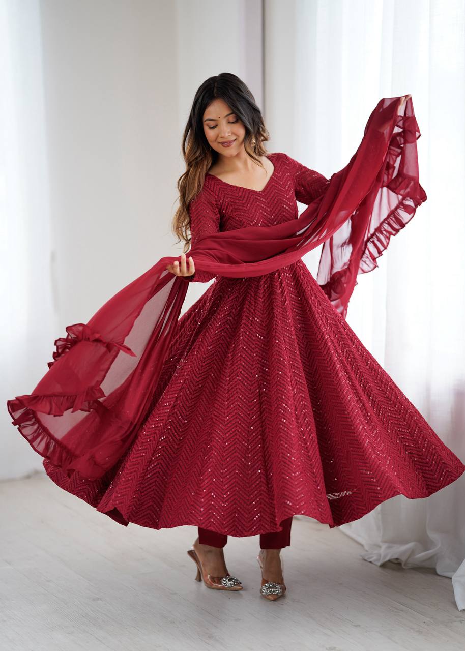 Maroon Colour Soft Fox Georgette Lucknowi Work Anarkali Set