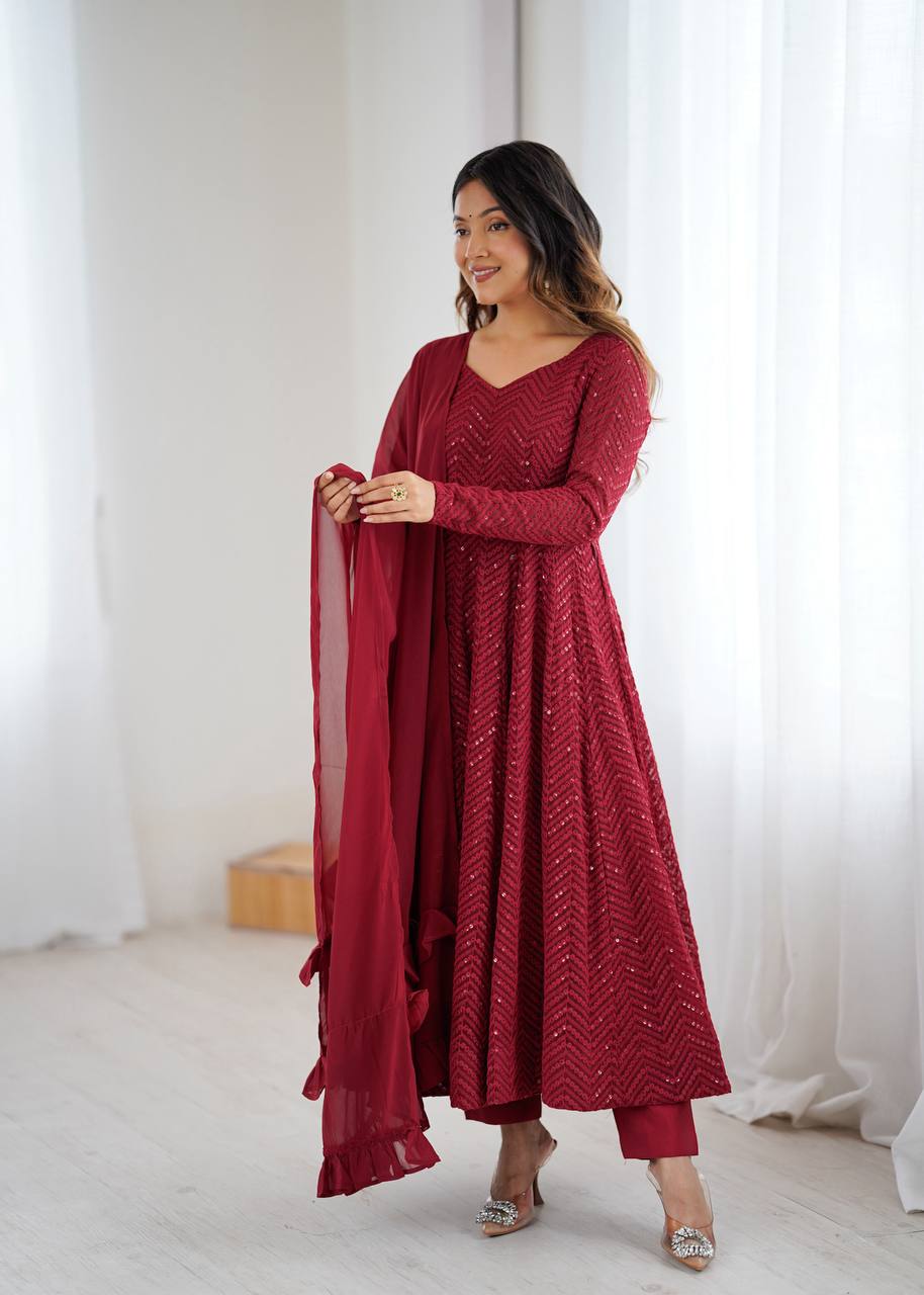 Maroon Colour Soft Fox Georgette Lucknowi Work Anarkali Set