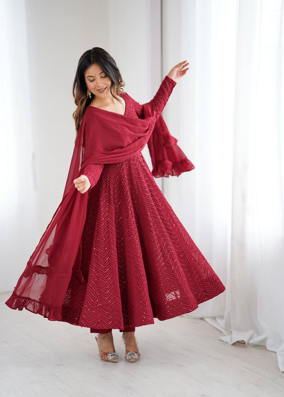 Maroon Colour Soft Fox Georgette Lucknowi Work Anarkali Set