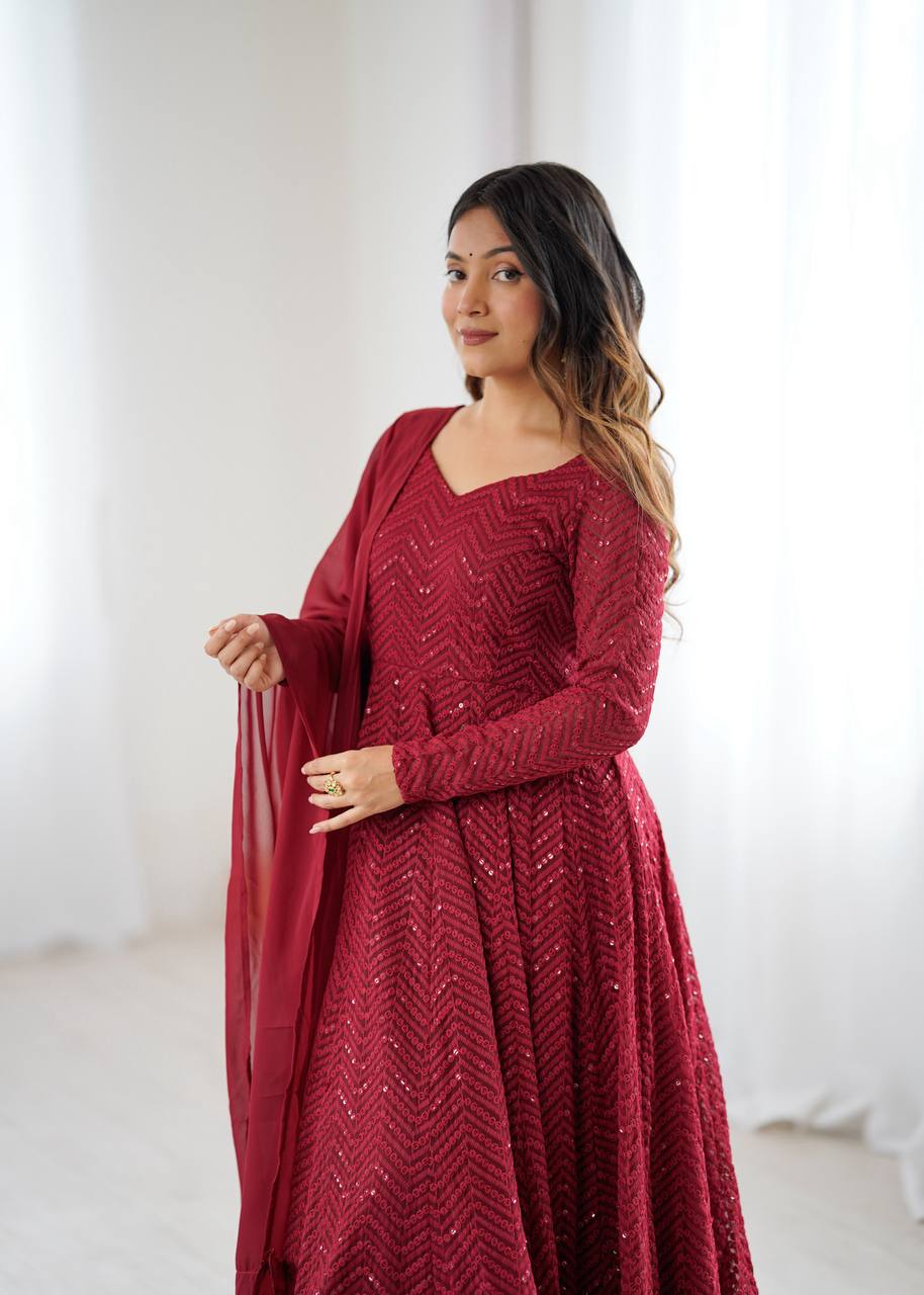 Maroon Colour Soft Fox Georgette Lucknowi Work Anarkali Set