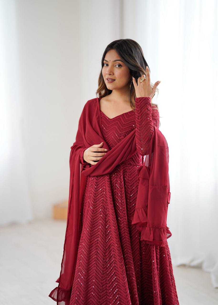 Maroon Colour Soft Fox Georgette Lucknowi Work Anarkali Set