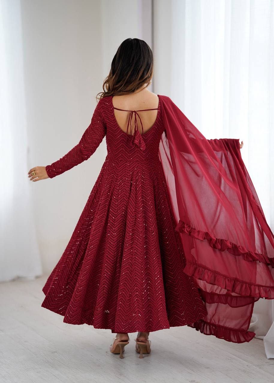 Maroon Colour Soft Fox Georgette Lucknowi Work Anarkali Set