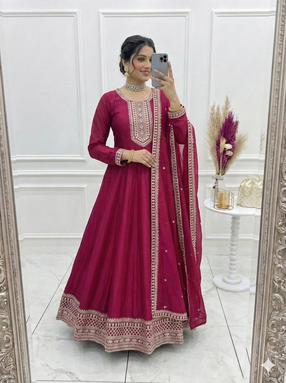 Dark Pink Colour Heavy Vichitra Silk Full Kali Anarkali Gown Set