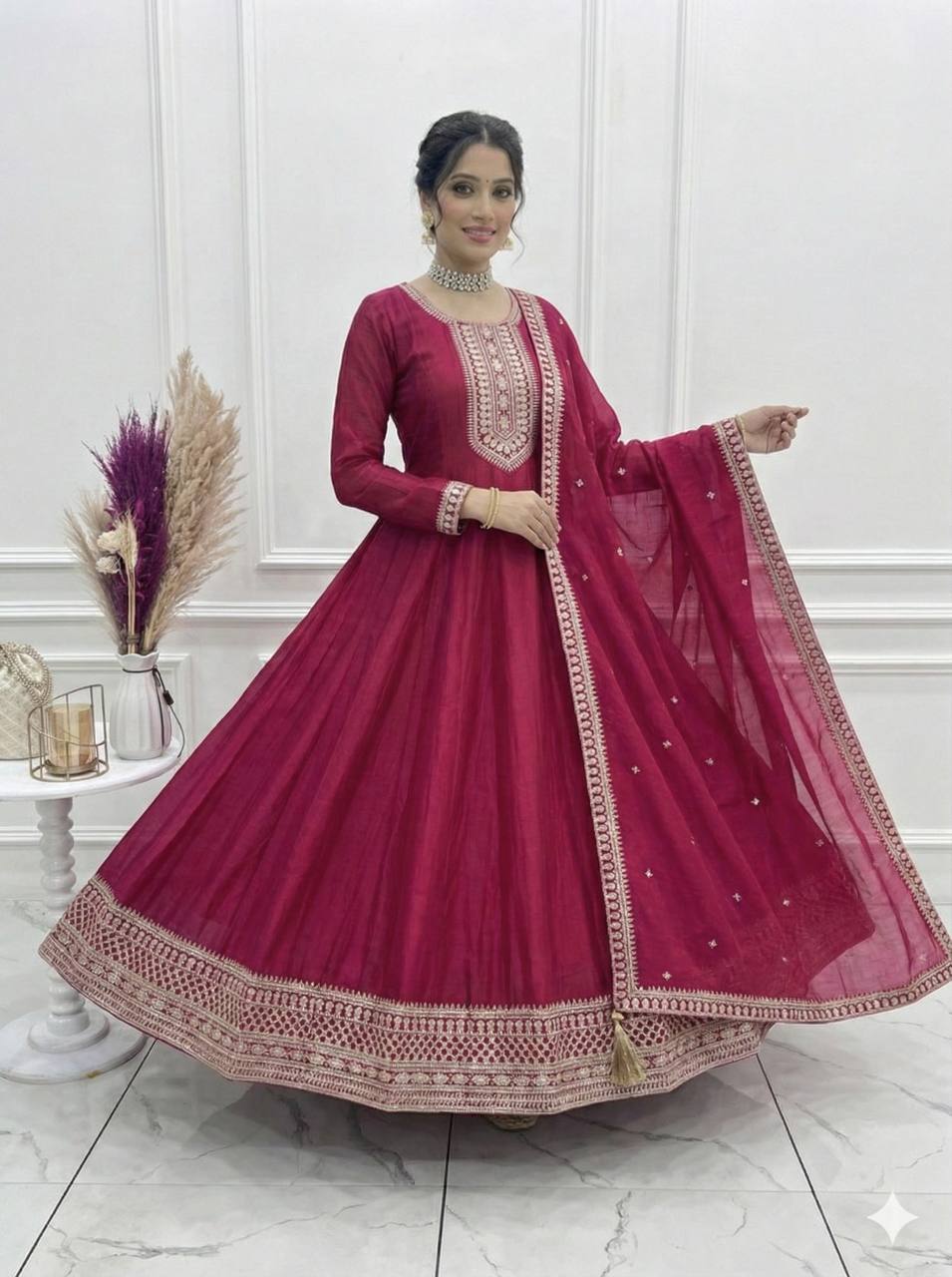 Dark Pink Colour Heavy Vichitra Silk Full Kali Anarkali Gown Set
