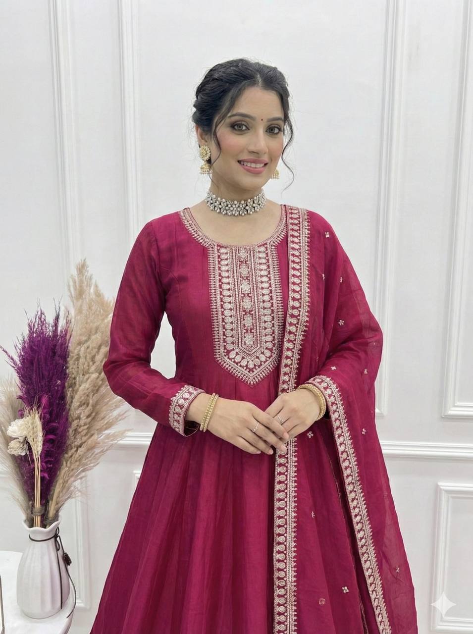 Dark Pink Colour Heavy Vichitra Silk Full Kali Anarkali Gown Set