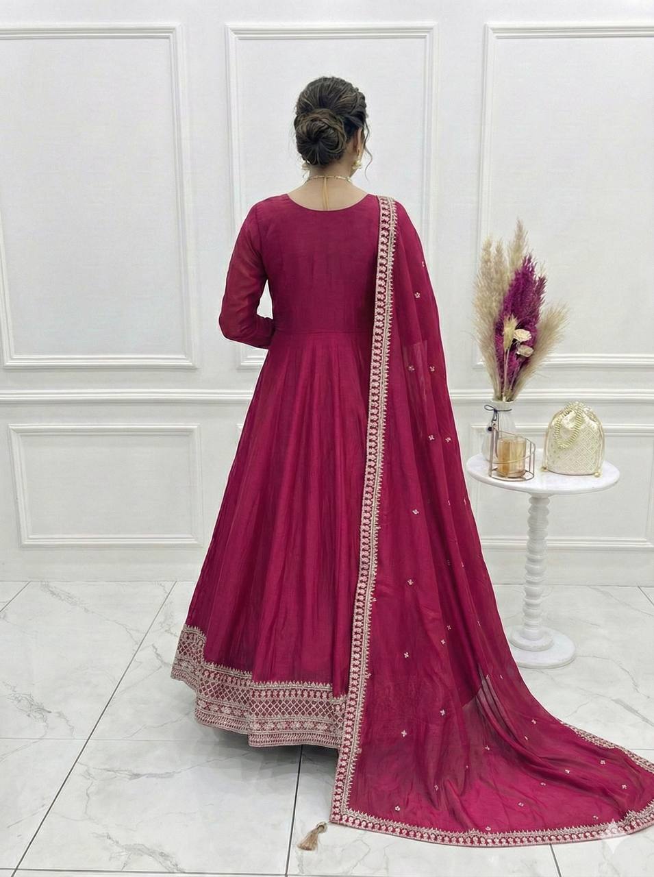 Dark Pink Colour Heavy Vichitra Silk Full Kali Anarkali Gown Set