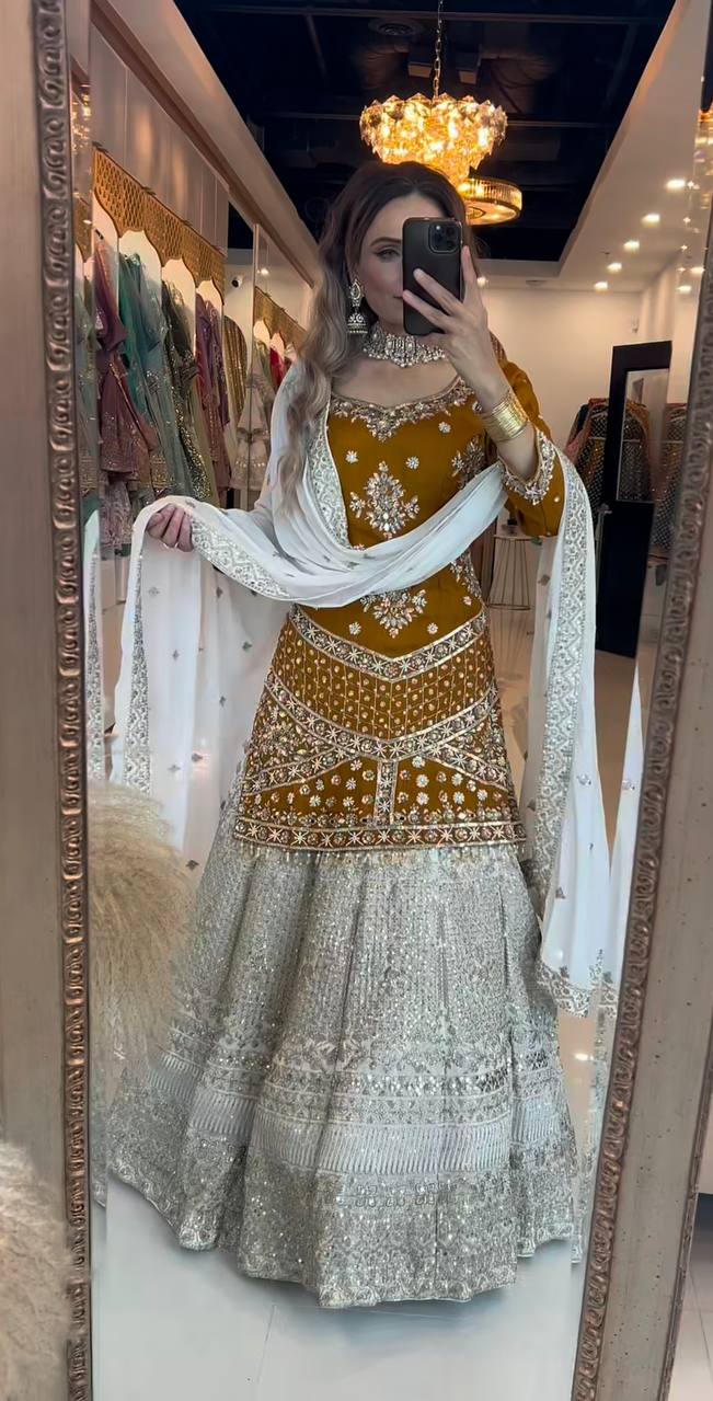 New Elegant Chinnon Silk Embroidered Lehenga Set