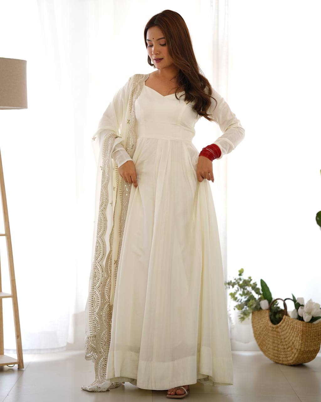 White Heavy Roman Silk Chanderi 16 Kali Anarkali Set