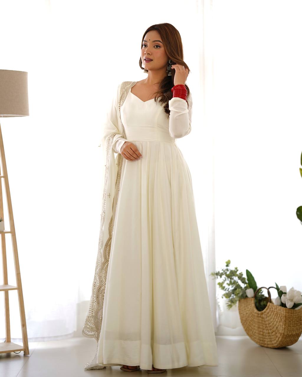White Heavy Roman Silk Chanderi 16 Kali Anarkali Set
