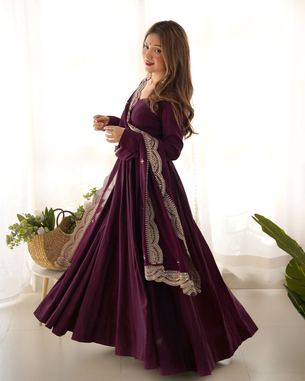 Purple Clour Heavy Roman Silk Chanderi 16 Kali Anarkali Set
